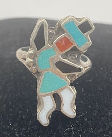 STERLING ZUNI CORAL TURQUOISE KACHINA RING