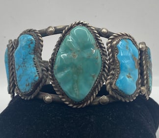 OLD PAWN 1970S 7 STONE NAVAJO STERLING BRACELET