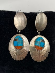 2" ZUNI STERLING TURQUOISE RED CORAL EARRINGS