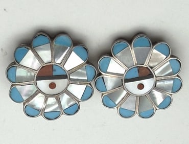 "JM ZUNI" STERLING SUNFACE TURQUOISE EARRINGS