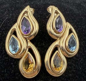 14K GOLD 1.25" AMETHYST CITRINE TOPAZ EARRINGS