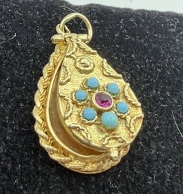 14K SOLID GOLD TURQUOISE AMETHYST PICTURE LOCKET