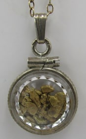 SOLID GOLD NUGGETS IN A BOTTLE W STERLING NECKLACE