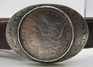 1896 SILVER DOLLAR STERLING BUCKLE LEATHER 41"BELT