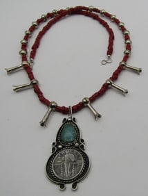 TURQUOISE CORAL SQUASH BLOSSOM NECKLACE STERLING