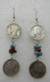 3" TURQUOISE CORAL MERCURY DIME EARRINGS STERLING