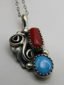 "ASP" TURQUOISE CORAL PENDANT NECKLACE STERLING
