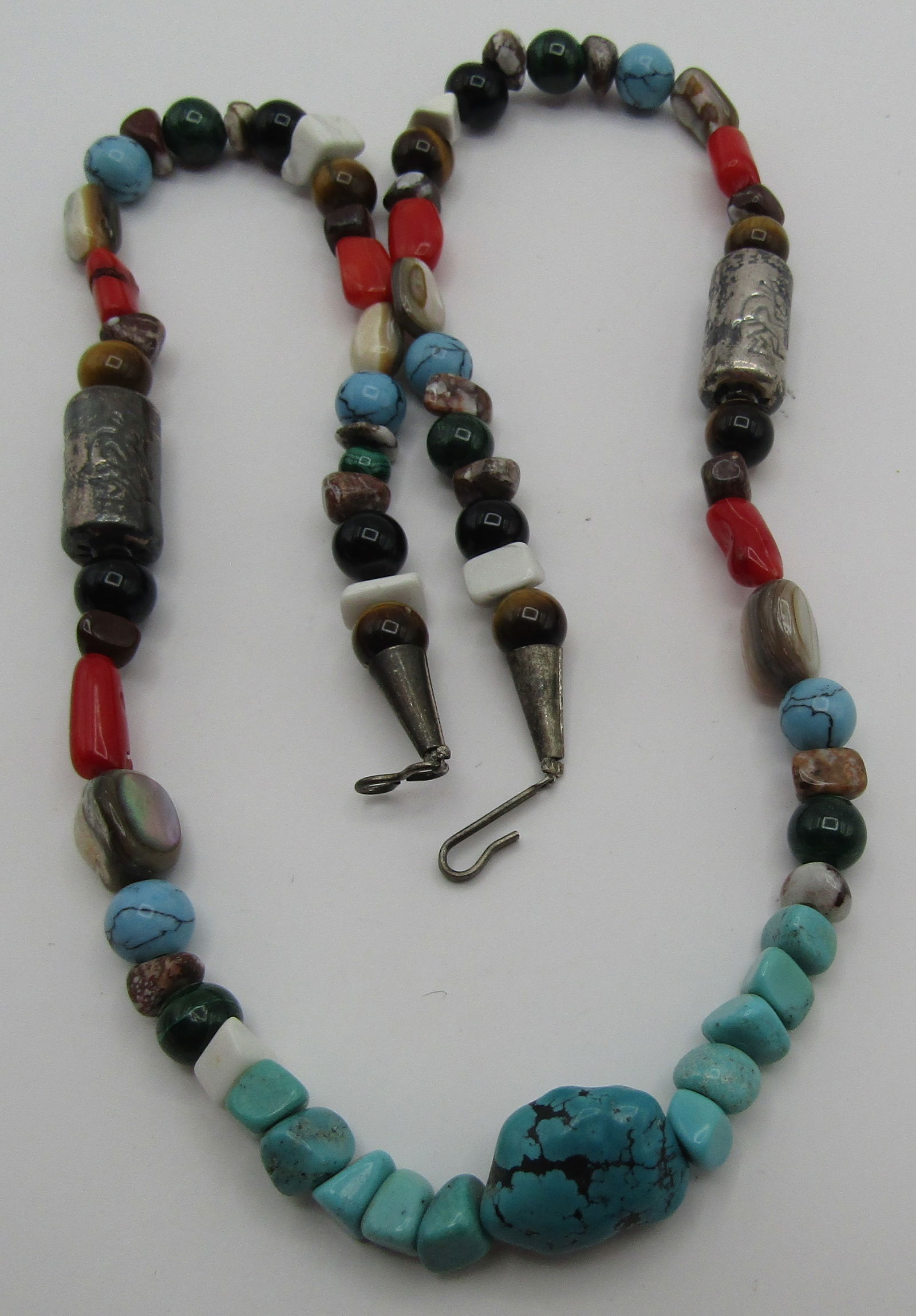 23 MULTIGEM BEAD NECKLACE STERLING SILVER TURQUOIS: BEADS: STERLING KOKOPELLI, TURQUOISE, TIGEREYE, MALACHITE, CORAL, ABALONE, WHITE BUFFALO AND OTHERS. VINTAGE ESTATE NATIVE AMERICAN SOUTHWEST NAVAJO INDIAN JEWELRY. BEADS UP TO 14MM WIDE. MEASURES 23