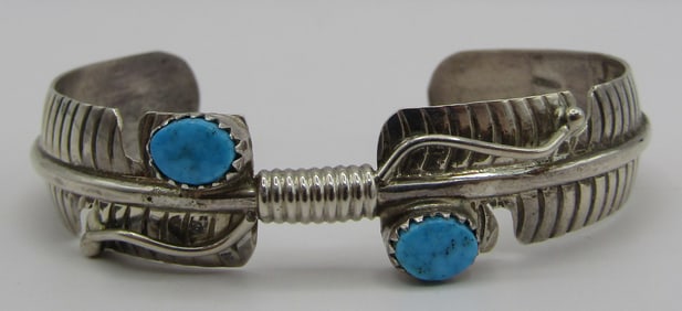 B" TURQUOISE FEATHER CUFF BRACELET STERLING SILVER