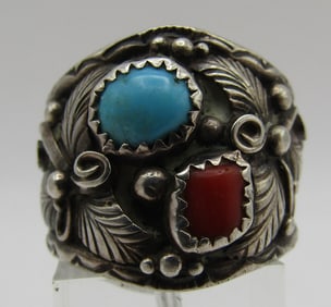 SAMPSON GRAY TURQUOISE CORAL RING STERLING SILVER
