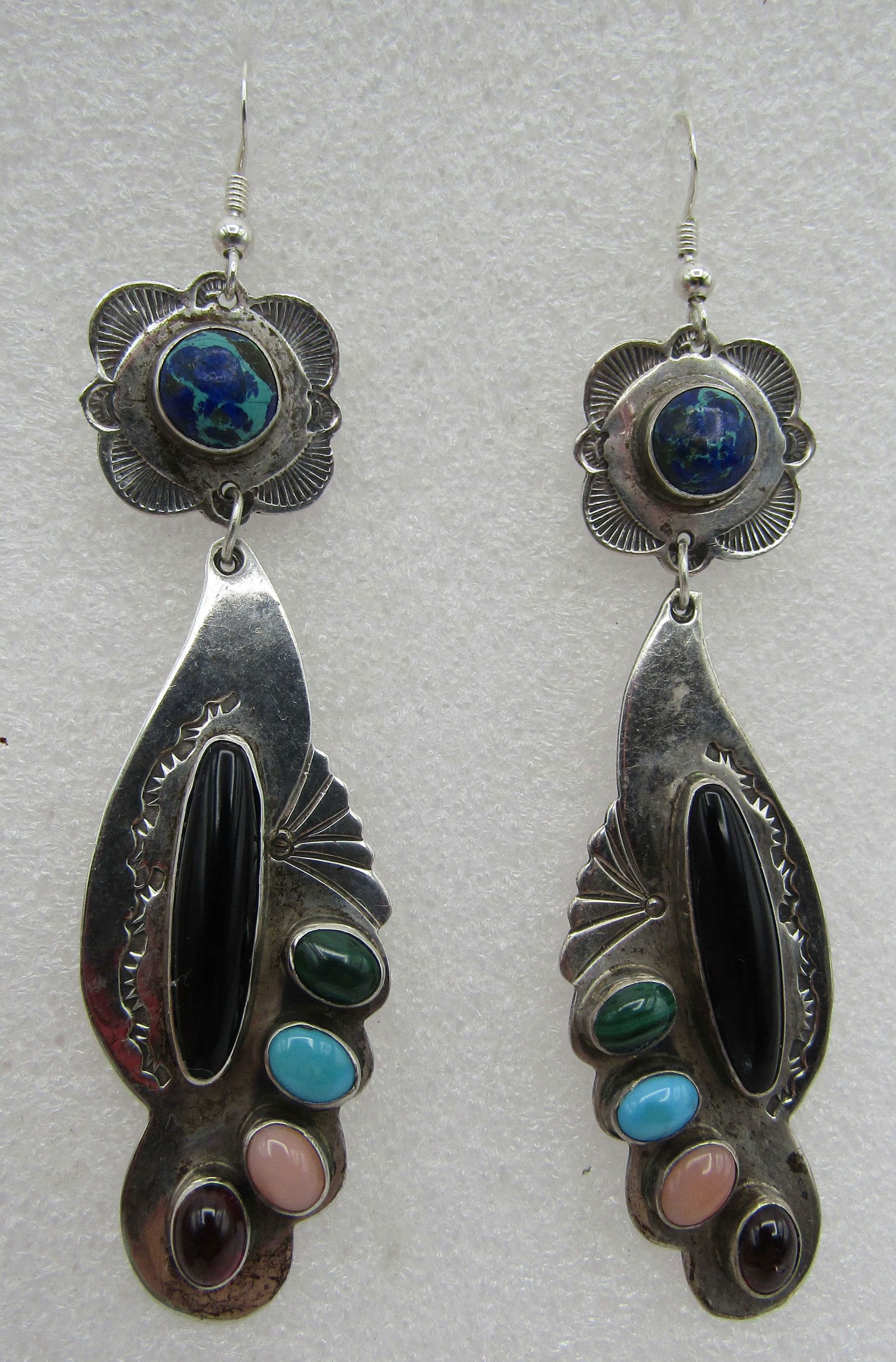 3.5" MULTIGEM NAVAJO EARRINGS STERLING SILVER: HUGE ASSORTED GEMSTONES:TURQUOISE, MALACHITE, AZURITE, ONYX, CORAL & OTHER VINTAGE ESTATE EARRINGS MARKED "STERLING". NATIVE AMERICAN SOUTHWEST NAVAJO INDIAN JEWELRY. MEASURE 3.5 INCH LONG BY .1". WEI