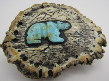 BLALOCK TURQUOISE BEAR ANTLER BELT BUCKLE CARVED