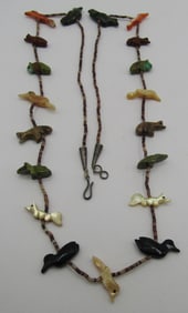 28" FETISH NECKLACE 19 CARVED STONE & HEISHI BEAD