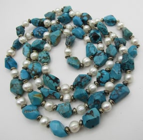 52" TURQUOISE, 8MM PEARL, STERLING BEAD NECKLACE