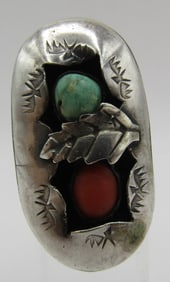 OLD PAWN TURQUOISE & CORAL RING STERLING SILVER