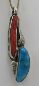 "RS" TURQUOISE & CORAL NECKLACE PENDANT STERLING