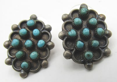ZUNI PETIT POINT TURQUOISE EARRINGS STERLING SILVE