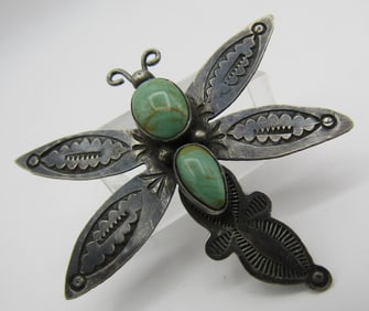 SANDOVAL TURQUOISE BUTTERFLY PIN STERLING SILVER