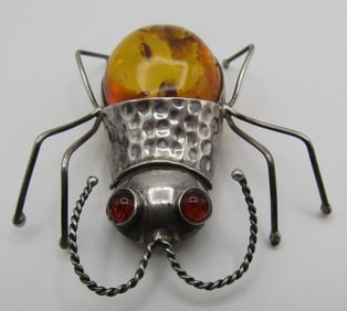 3" AMBER BEETLE PIN STERLING SILVER BUG BROOCH