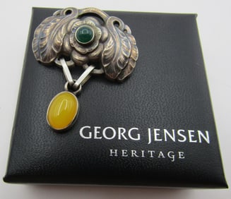 GEORG JENSEN 2008 AGATE & CHRYSOPRASE PIN STERLING