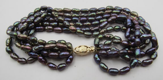 14K GOLD 6 STRAND 5MM PEACOCK PEARL 8" BRACELET