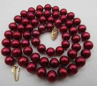 14K GOLD RUBY RED 7MM CULTURED PEARL 18" NECKLACE