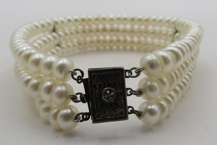 STERLING SILVER 3 STRAND CULTURED PEARL BRACELET