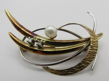 "D" 14K GOLD 5MM PEARL 2 DIAMOND PIN BROOCH 4 GRAM