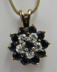 SAPPHIRE DIAMOND NECKLACE PENDANT CLUSTER 10K GOLD