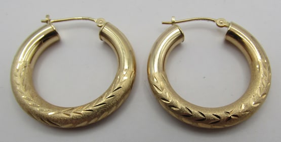 14K GOLD DIAMOND CUT HOOP EARRINGS 2.3GRAM