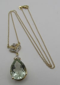 7CT QUARTZ 4 DIAMOND FILIGREE NECKLACE 14K GOLD 5G