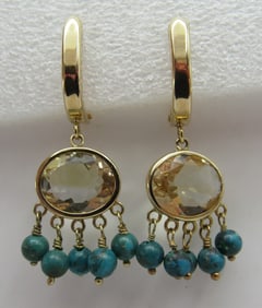 ZETA BEGAY 5CT CITRINE TURQUOISE EARRINGS 14K GOLD