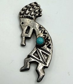 2" NAVAJO STERLING KOKOPELLI TURQUOISE PIN BROOCH