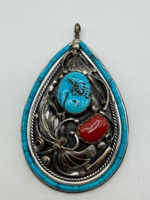 "BC" STERLING NAVAJO TURQUOISE RED CORAL PENDANT