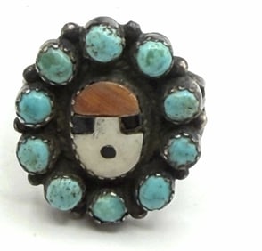 OLD STERLING ZUNI SUNFACE TURQUOISE RING