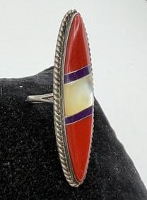 "DG" 2" RED JASPER SHELL ELONGATED NAVAJO RING