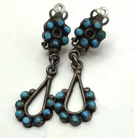 OLD ZUNI PETIT POINT TURQUOISE STERLING EARRINGS