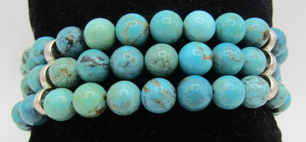 3 ROW 8MM TURQUOISE BEAD BRACELET STERLING SILVER