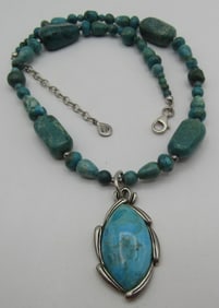 20" BARSE TURQUOISE BEAD NECKLACE STERLING SILVER