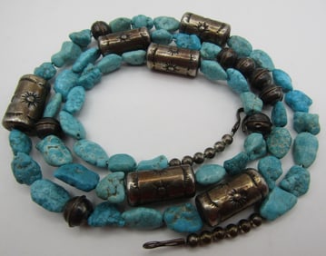 28" STERLING SILVER BARREL BEAD TURQUOISE NECKLACE