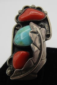 EARLY TURQUOISE CORAL RING STERLING SILVER