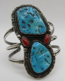 GHB" TURQUOISE CORAL CUFF BRACELET STERLING SILVER