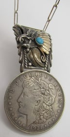 SILVER DOLLAR TURQUOISE EAGLE NECKLACE STERLING