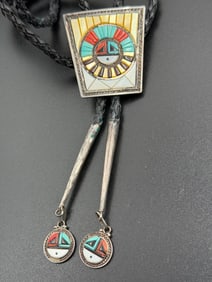 DON DEWA ZUNI STERLING INLAID BOLO TIE TURQUOISE