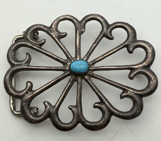 SANDCAST STERLING TURQUOISE CONCHO BELT BUCKLE