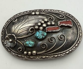 "EY" OLD STERLING NATIVE AMERICAN BELT BUCKLE