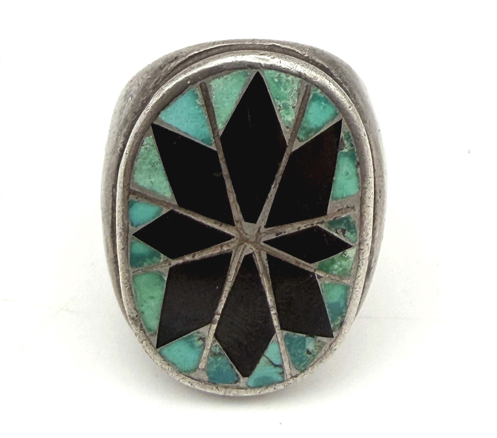 33g OLD PAWN STERLING TURQUOISE ONYX MAN'S RING (1 of 3)