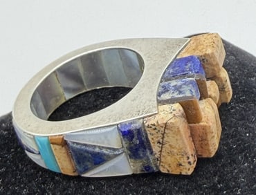 STERLING LAPIS TURQUOISE SHELL INLAID RING