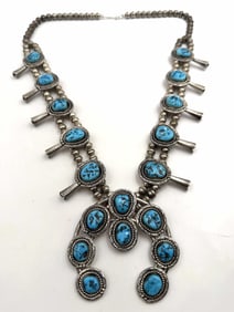HOSKIE STERLING TURQUOISE SQUASH BLOSSOM NECKLACE