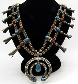 TURQUOISE CORAL SQUASH BLOSSOM NECKLACE STERLING
